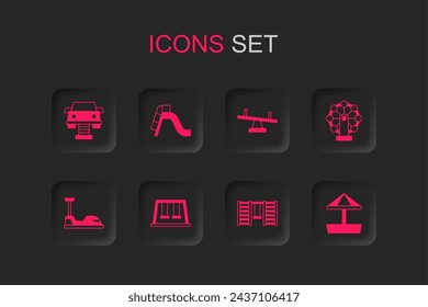 Set Swings for kids, Slide playground, car, Swedish wall, Ferris wheel, Sandbox with sand, Seesaw and Bumper icon. Vector