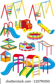 A set of swings, slides and rides for the children's playground in the projection