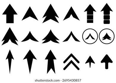 Conjunto de icono de flecha hacia arriba. Colección flechas negras icono de Vector de flecha direccional. Flecha simple fijada en el fondo blanco, Ilustración vectorial. Colección de flechas negras e ícono de deslizamiento sobre fondo blanco