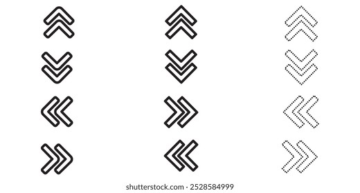 set of swipe up arrows, different black arrows symbol, scroll or swipe up arrows,