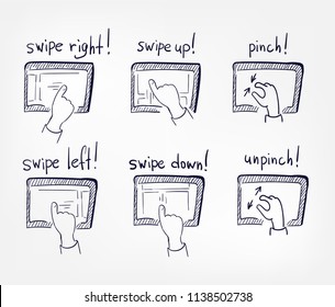 set swipe tablet hand elements concept doodle hand drawn vector line illustration