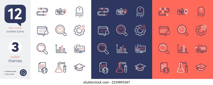 Set of Swipe up, 5g internet and Education idea line icons. Include Search, Internet document, Methodology icons. Chemistry lab, Time management, Seo gear web elements. Calendar. Vector