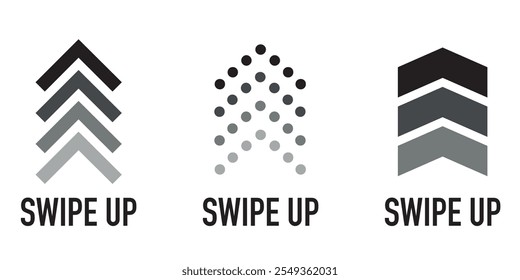 Set of 'Swipe Up' arrows in black and gray with different designs including dotted and solid lines.