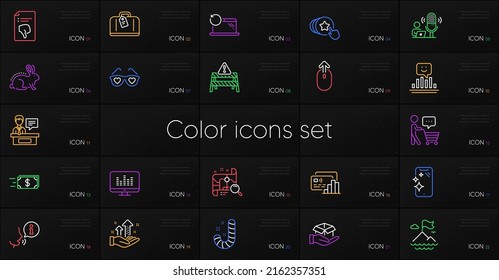 Set of Swipe up, Card and Search map line icons. Include Exhibitors, Thumb down, Animal tested icons. Recovery laptop, Love glasses, Buyer think web elements. Warning road. Vector