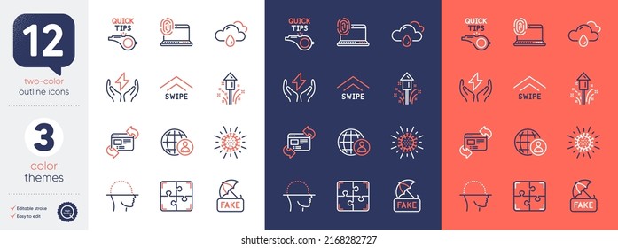 Set of Swipe up, Computer fingerprint and Rainy weather line icons. Include Fake news, Face scanning, Safe energy icons. Fireworks, International recruitment, Coronavirus web elements. Vector