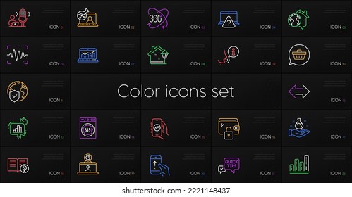 Set of Swipe up, Wallet and Voice wave line icons. Include Full rotation, Video conference, Dryer machine icons. Graph chart, Online chemistry, Street light web elements. World insurance. Vector