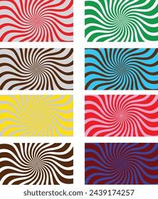 Set of swirl backgrounds. Vortex spiral rectangle. Rays of spiral rotation. Converging scalable stripes. Vector illustration.