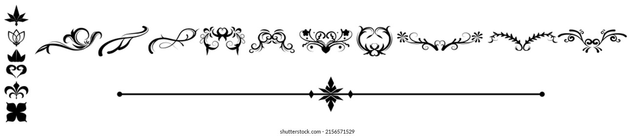 set of swirl border calligraphy and dividers decorative vector in vintage style on white background, collection retro element in black line doodle hand drawn illustration design