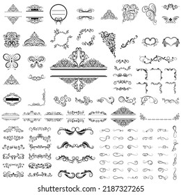 conjunto de caligrafía de borde de giro y divisores vector decorativo en estilo vintage sobre fondo blanco, colección elemento retro en línea negra doodle diseño de ilustración dibujado a mano