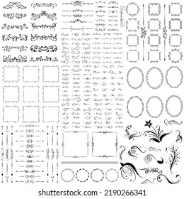 set of swirl border calligraphy and dividers decorative vector in vintage style on white background, collection retro element in black line doodle hand drawn illustration design
