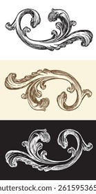 Set of swirl decorative design elements. Vintage damask, baroque filigree wedding scroll floral ornaments. Engraving retro pattern. Vector illustration. For decoration, cards, invitation