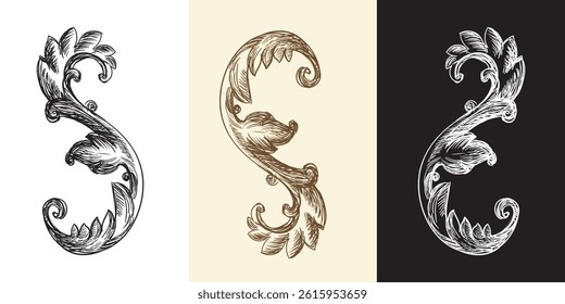 Set of swirl decorative design elements. Vintage damask,  filigree wedding scroll floral ornaments. Engraving retro pattern. Vector illustration. For decoration, cards, invitation