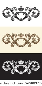 Set of swirl decorative design elements in three colors. Vintage damask, baroque filigree wedding floral ornaments. Engraving retro pattern. Vector illustration for decoration, cards, invitation