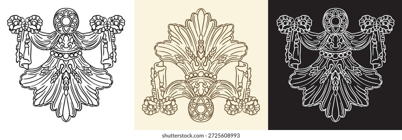 Conjunto de elemento de diseño de Vector decorativo remolino en tres colores. Antiguas damasco, filigrana barroca colgante ramo ornamento. Grabado de patrón retro. Ilustración vectorial para la decoración, tarjetas, invitación