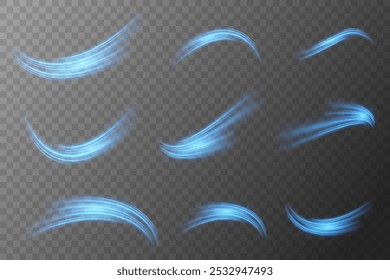 Conjunto de efeito de espiral, trilhas de luz brilhante. Velocidade ​ ​linhas de néon. Em um fundo transparente.