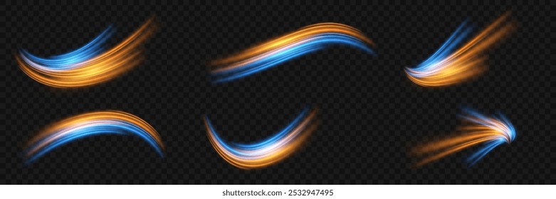 Conjunto de efecto remolino, senderos de luz brillante. ​ de velocidad​líneas de neón. Sobre un fondo transparente.