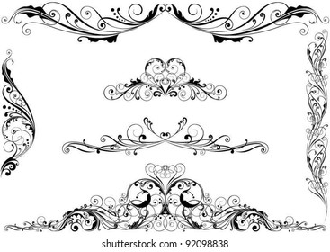 Set of swirl floral design elements, black colored.