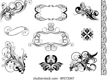 Set of swirl floral element and frame, black colored.Each of them group singly.Object contain Clipping path.