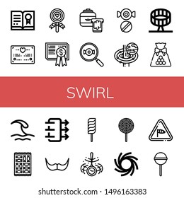 Set of swirl icons such as Certificate, Wedding certificate, Lollipop, Peanut butter, Candy, Black hole, Round up ride, Wave, Air quality, Moustache, Hypnosis, Wind , swirl