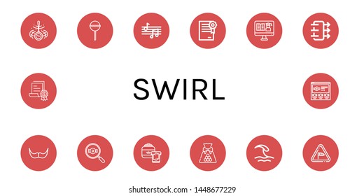 Set of swirl icons such as Hypnosis, Lollipop, Musical notes, Certificate, Air quality, Moustache, Candy, Peanut butter, Wave, Wind , swirl