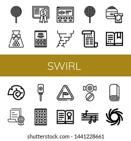 Set of swirl icons such as Lollipop, Candy, Certificate, Hurricane, Peanut butter, Nautilus, Wind, Musical notes, Roll, Black hole , swirl