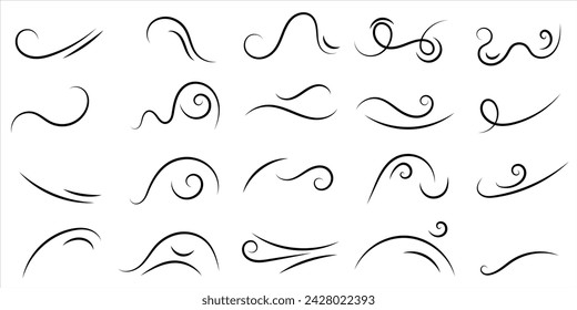 Conjunto de garabato de viento de línea de remolino. Línea de curva dibujada a mano, flujo de viento de aire, movimiento de viento de garabato, elementos de remolino, boceto de línea de viento. Ilustración de vector