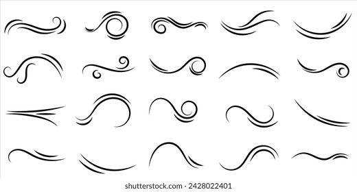 Set of swirl line wind doodle. Hand drawn curve line, air wind flow, doodle wind motion, swirl elements, wind line sketch. Vector illustration