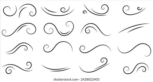 Set of swirl line wind doodle. Hand drawn curve line, air wind flow, doodle wind motion, swirl elements, wind line sketch. Vector illustration