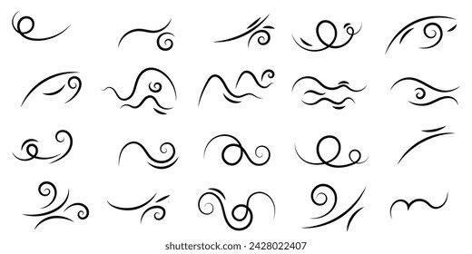 Set of swirl line wind doodle. Hand drawn curve line, air wind flow, doodle wind motion, swirl elements, wind line sketch. Vector illustration