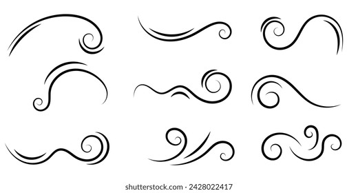 Set of swirl line wind doodle. Hand drawn curve line, air wind flow, doodle wind motion, swirl elements, wind line sketch. Vector illustration