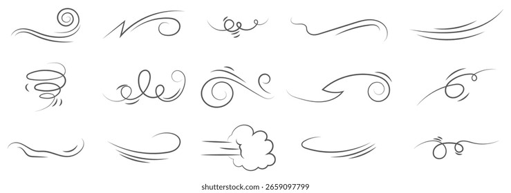 Conjunto de linha de redemoinho vento doodle. Linha de curva desenhada à mão, fluxo de vento de ar, movimento do vento de doodle, elementos de redemoinho, esboço da linha de vento. Ilustração vetorial 
