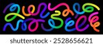 Set of Swirl Rainbow Colored Gradient Lines. Squiggle Doodle Waves for Carnival Decoration, Celebration and Parties. Fun Curve Neon Graphic Shapes