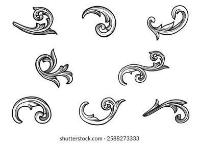 Set Swirl, scroll floral classic element. Victorian ornamental borders frame. Vintage decorative baroque engraved vector illustration