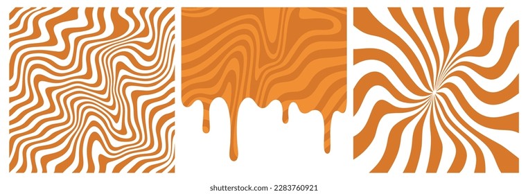 Set of Swirl, Splash, Wavy and Melt Caramel. Abstract Toffee Vector Pattern. Illustration of Liquid Salted Caramel, Melted Peanut Butter, Sweet Honey, Chocolate Milk or Maple Sauce Stock Vector