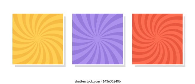 Set of swirl, vortex backgrounds. Color rotating spiral. Vector illustration.