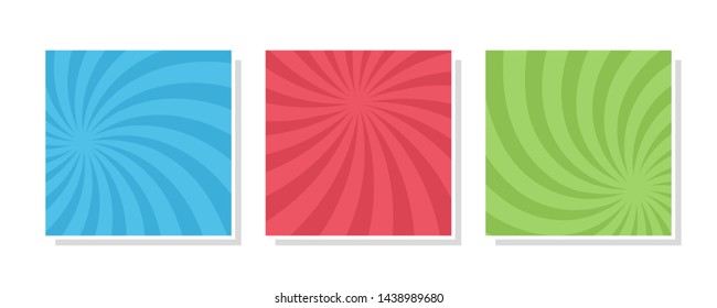 Set of swirl, vortex backgrounds. Color rotating spiral. Vector illustration.