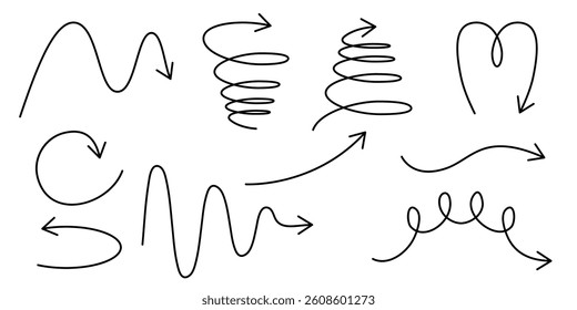 Set of swirl wavy and spiral arrows in manga style. Comic vector squiggly loops with pointer. Wavy doodle lines. Isolated vector signs.
