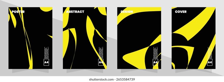 Conjunto de design girado com contrastes arrojados e linhas fluidas em amarelo e preto, pode ser usado para modelos de cartaz ou campanhas digitais.