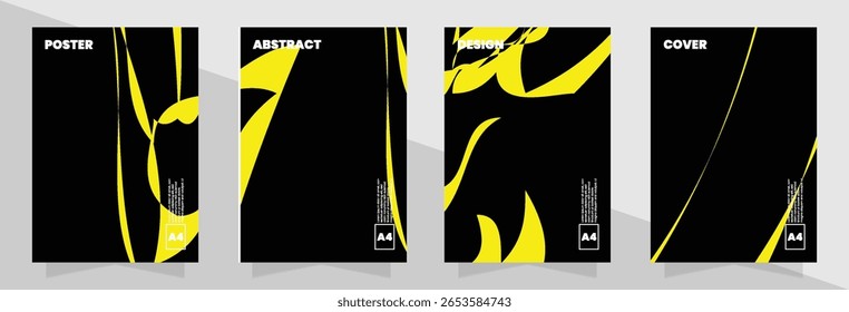 Conjunto de design girado com contrastes arrojados e linhas fluidas em amarelo e preto, pode ser usado para modelos de cartaz ou campanhas digitais.