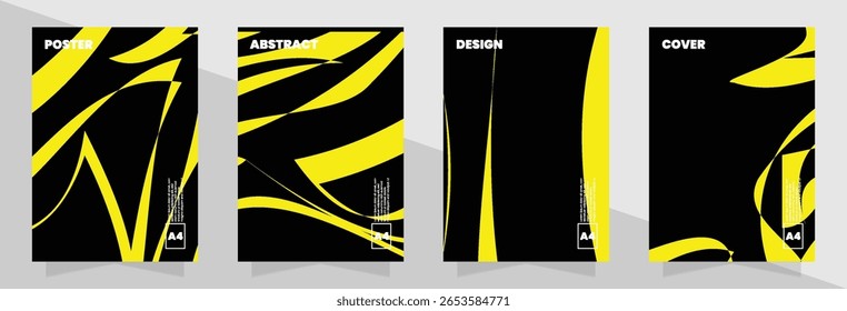 Set of swirled design with bold contrasts and fluid lines in yellow and black color, can be used for poster templates or digital campaigns.