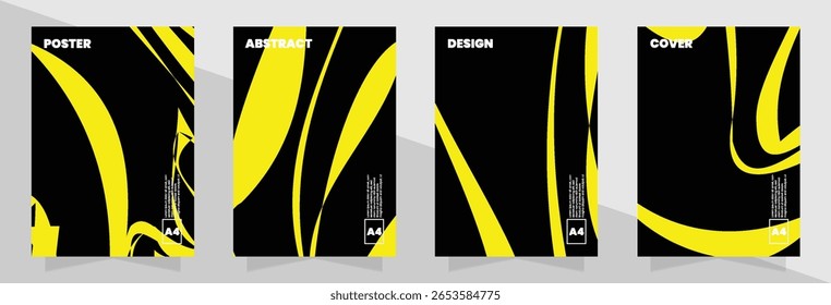Conjunto de design girado com contrastes arrojados e linhas fluidas em amarelo e preto, pode ser usado para modelos de cartaz ou campanhas digitais.