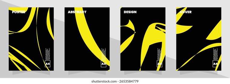 Conjunto de design girado com contrastes arrojados e linhas fluidas em amarelo e preto, pode ser usado para modelos de cartaz ou campanhas digitais.