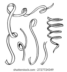 Um conjunto de fitas redemovidas. Ilustração vetorial em estilo de esboço para design de livros, livros de colorir, interiores de crianças, cartões de férias, cartões de visita e impressão de tecidos.
