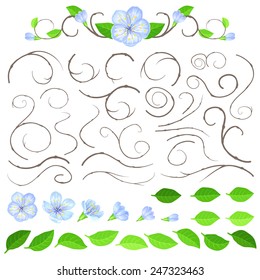 Set of swirling branches, leaves and apple flowers. Vector.