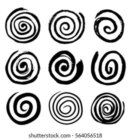  Set of swirling circles. Swirling grungy elements. Black spiral circles of ink. Hypnotic spiral movement