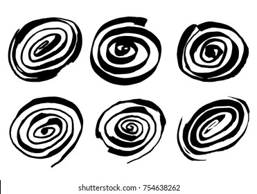 Set of swirling circles. Swirling grungy elements. Hypnotic spiral movement. Rough spiral circles of ink. 