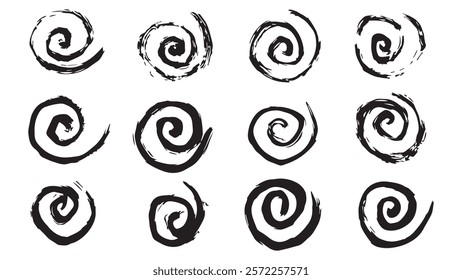 Set of swirls in grunge style, black and white collection of spirals drawn in ink with wide dry brush on white background, neat and casual style, black strokes in the form of curls for design