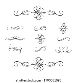 Set of swirls and scrolls.  Vector isolated victorian borders. Classic wedding invitation calligraphic lines. Filigree vignette dividers.