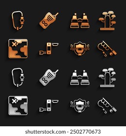 Set Swiss army knife, African tree, Fishing rod, Deer antlers on shield, safari map, Binoculars, Carabiner and Walkie talkie icon. Vector