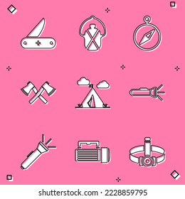 Set Swiss army knife, Canteen water bottle, Compass, Crossed wooden axe, Tourist tent with flag, Flashlight, and icon. Vector